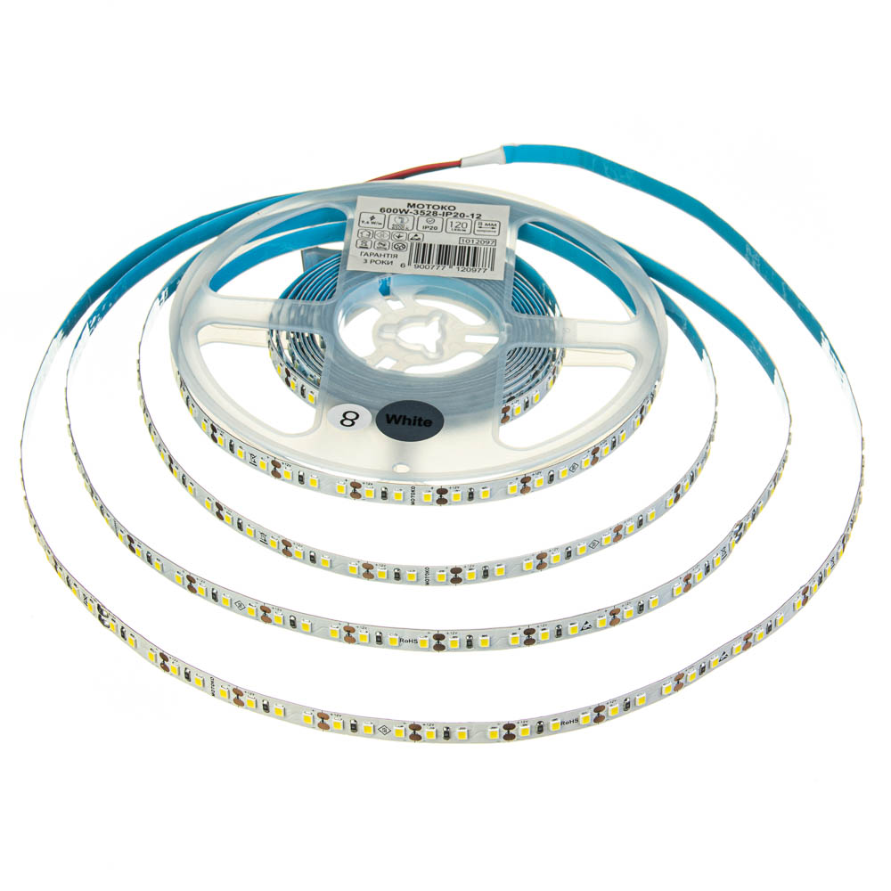 Світлодіодна стрічка тепла біла 12V Motoko smd2835 120LED/м IP20 - Зображення 2