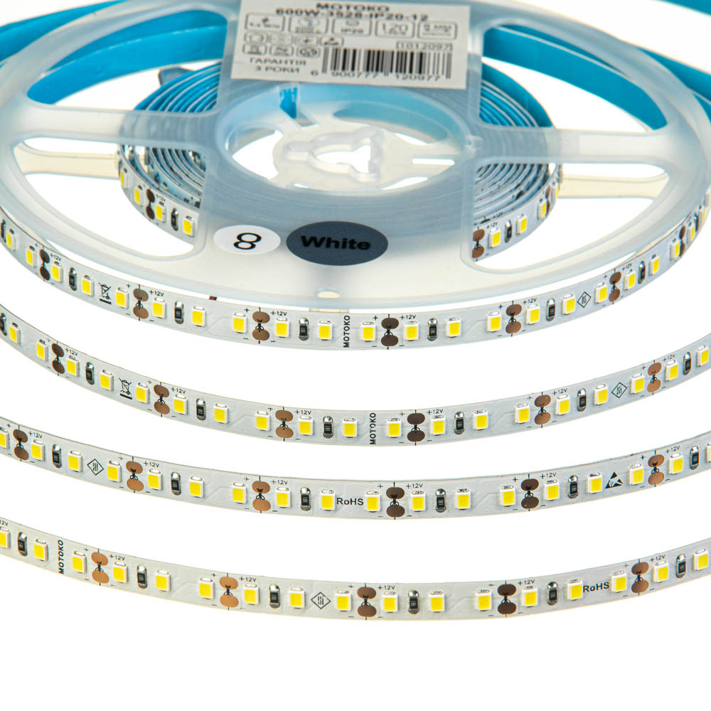 Світлодіодна стрічка тепла біла 12V Motoko smd2835 120LED/м IP20 - Зображення 3