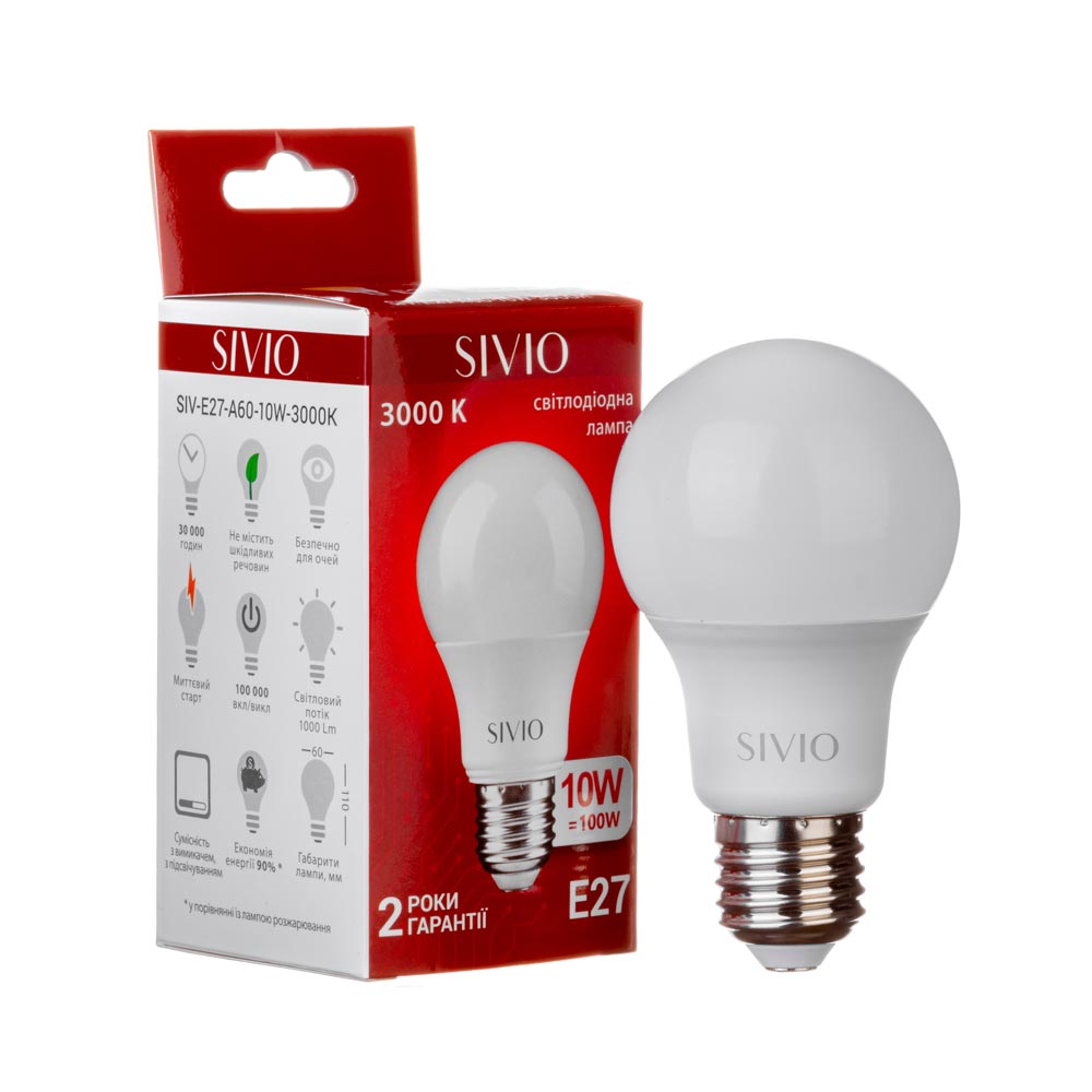 LED лампа Е27 А60 10W тепла біла 3000К SIVIO