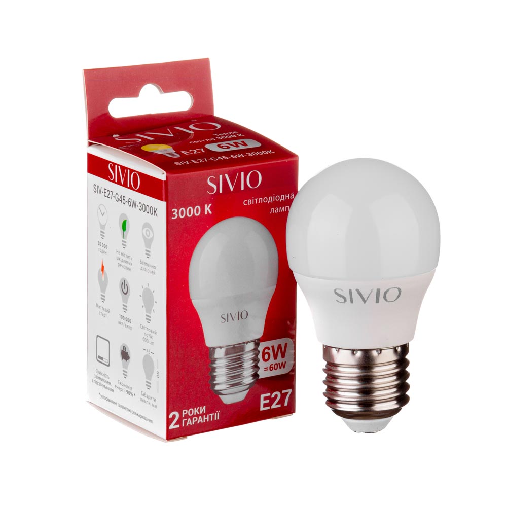 LED лампа Е27 G45 6W тепла біла 3000К SIVIO